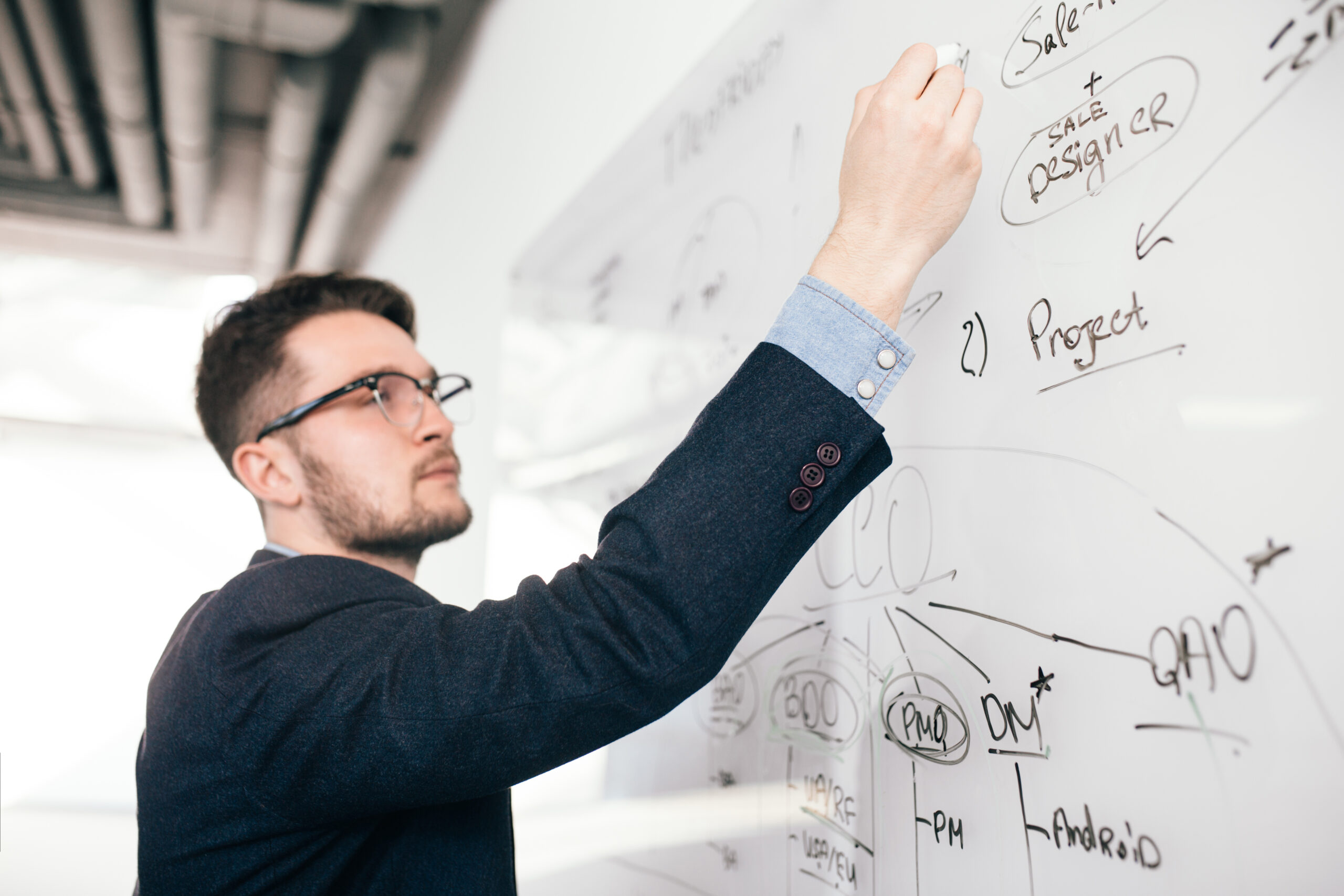Close-up portrait of young dark-haired man in glasses writing a business plan on whiteboard. He wears blue shirt and dark jacket. View from side, focus on hand.